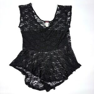 VTG Y2K Blush Lace Peplum Shirt Top Womens Sz L Black Sheer Sleeveless Whimsigth